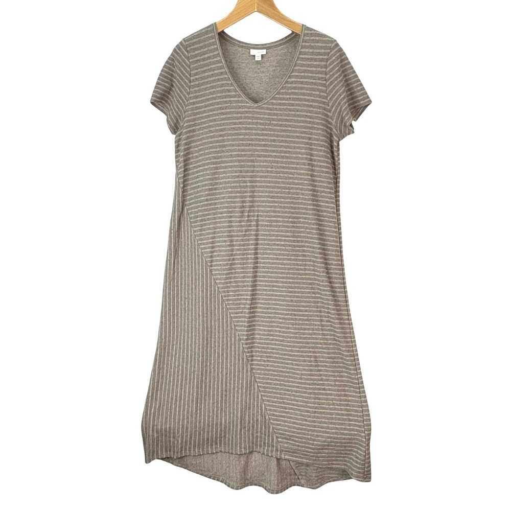 PureJill Gray Striped V-Neck Cotton Midi Dress Women Lp Lagenlook Coastal Preppy